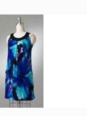 AB Studio Sundress Womens L Blue Hibiscus Bubble Hem Lined Sleeveless